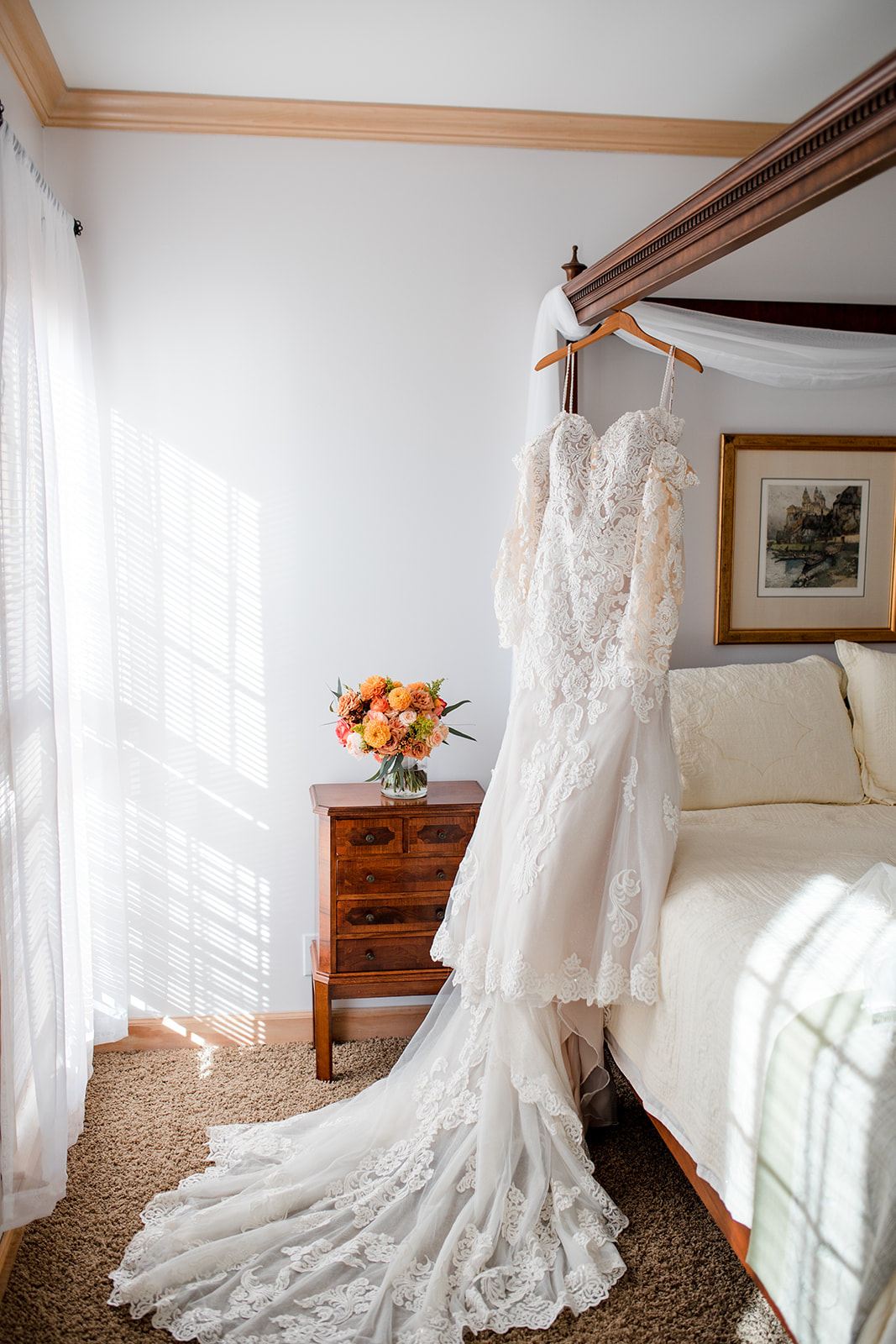 Cedarmont farm bridal suite with wedding dress and colorful bouquet
