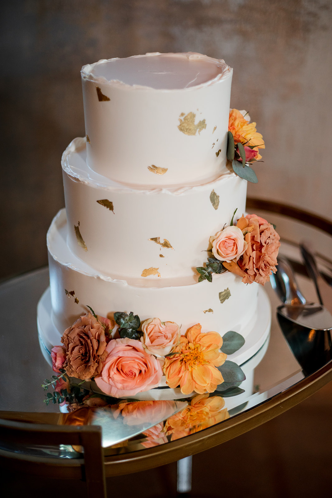 Gold fleck fall wedding cake at cedarmont farm