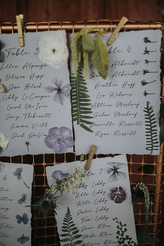 handmade wedding seating chart with pressed flowers